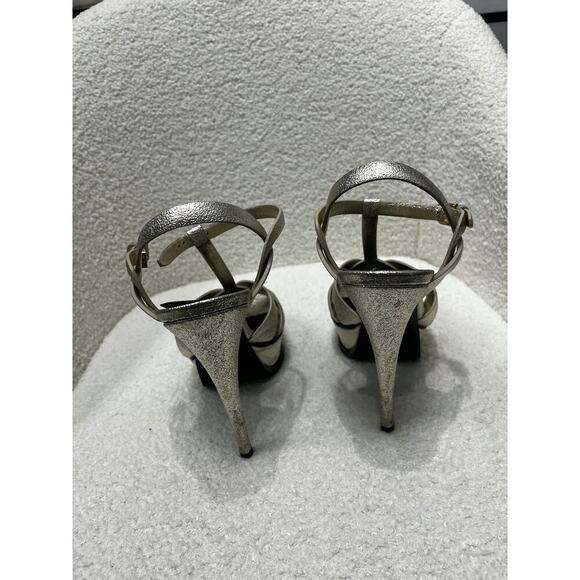 Saint Laurent Glitter Metallic Gold Ankle Strap Heels - Size 37 - Picture 1 of 2